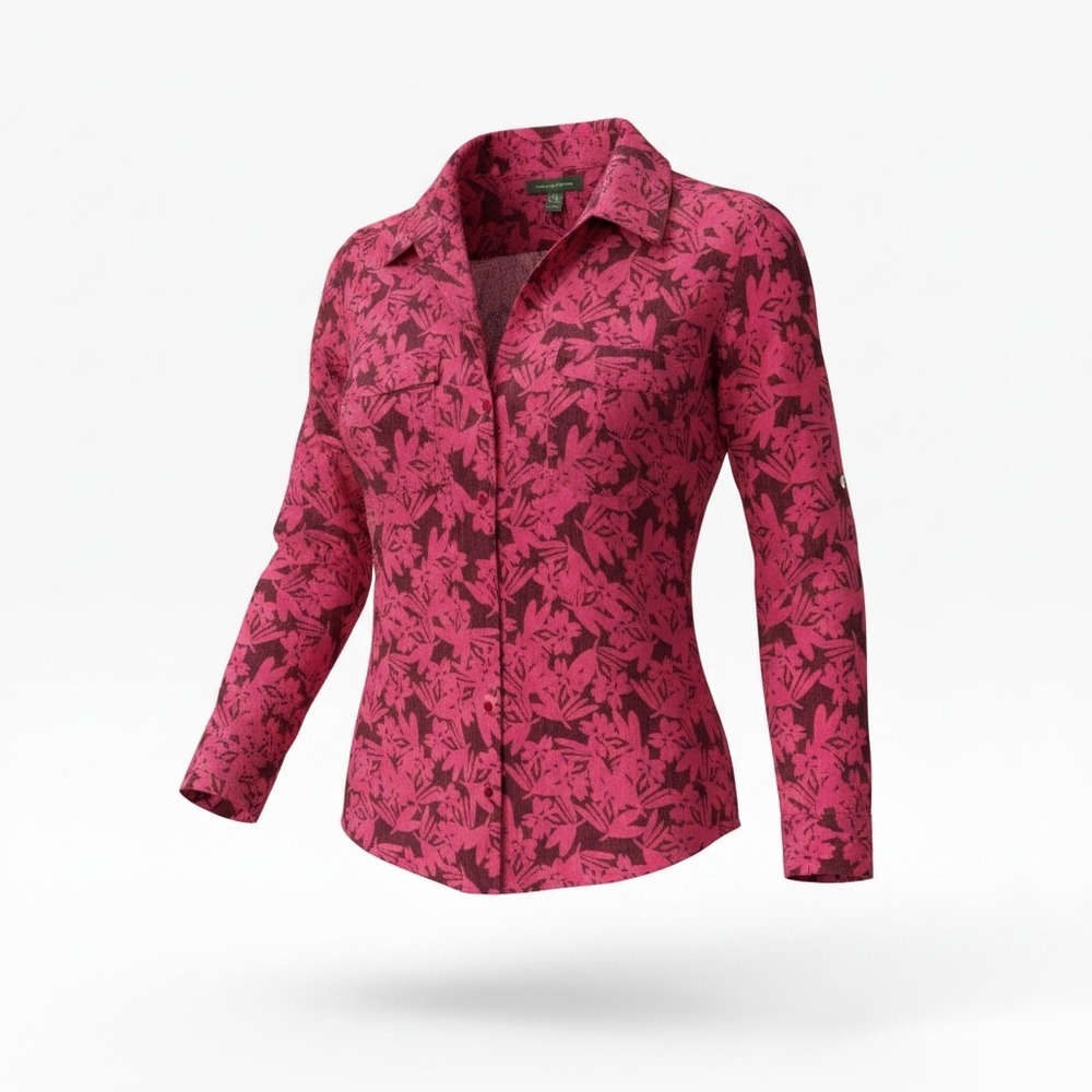 Tommy Bahama Womens XL Linen Floral Tropical Shirt Pink Burgundy Roll Tab Sleeve